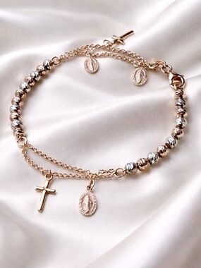 Rose Gold and Silver Two-Tone Religious Charm Bracelet
